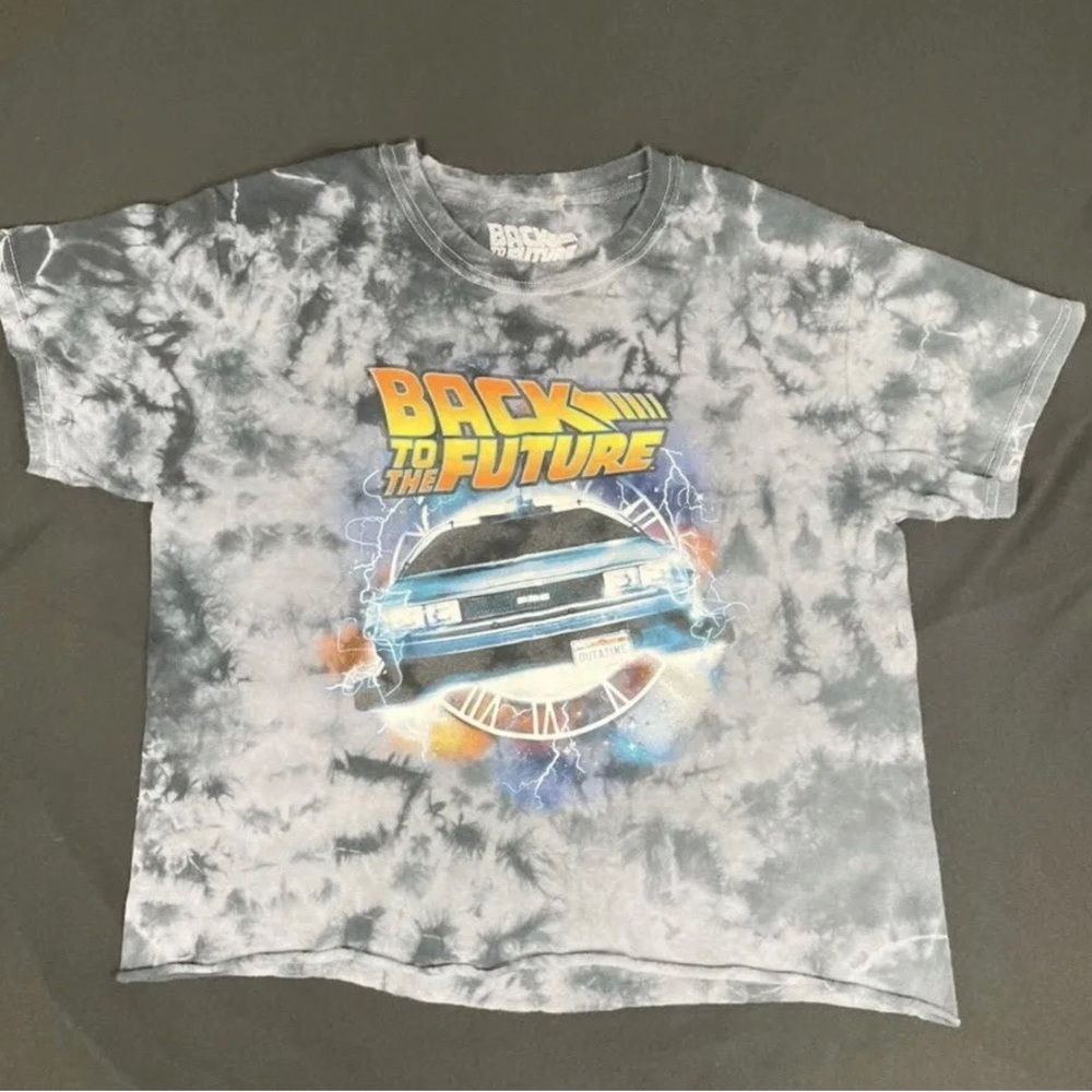 Back To The Future Women Blue Print Washed Short Sleeve Crop T-Shirt Size S